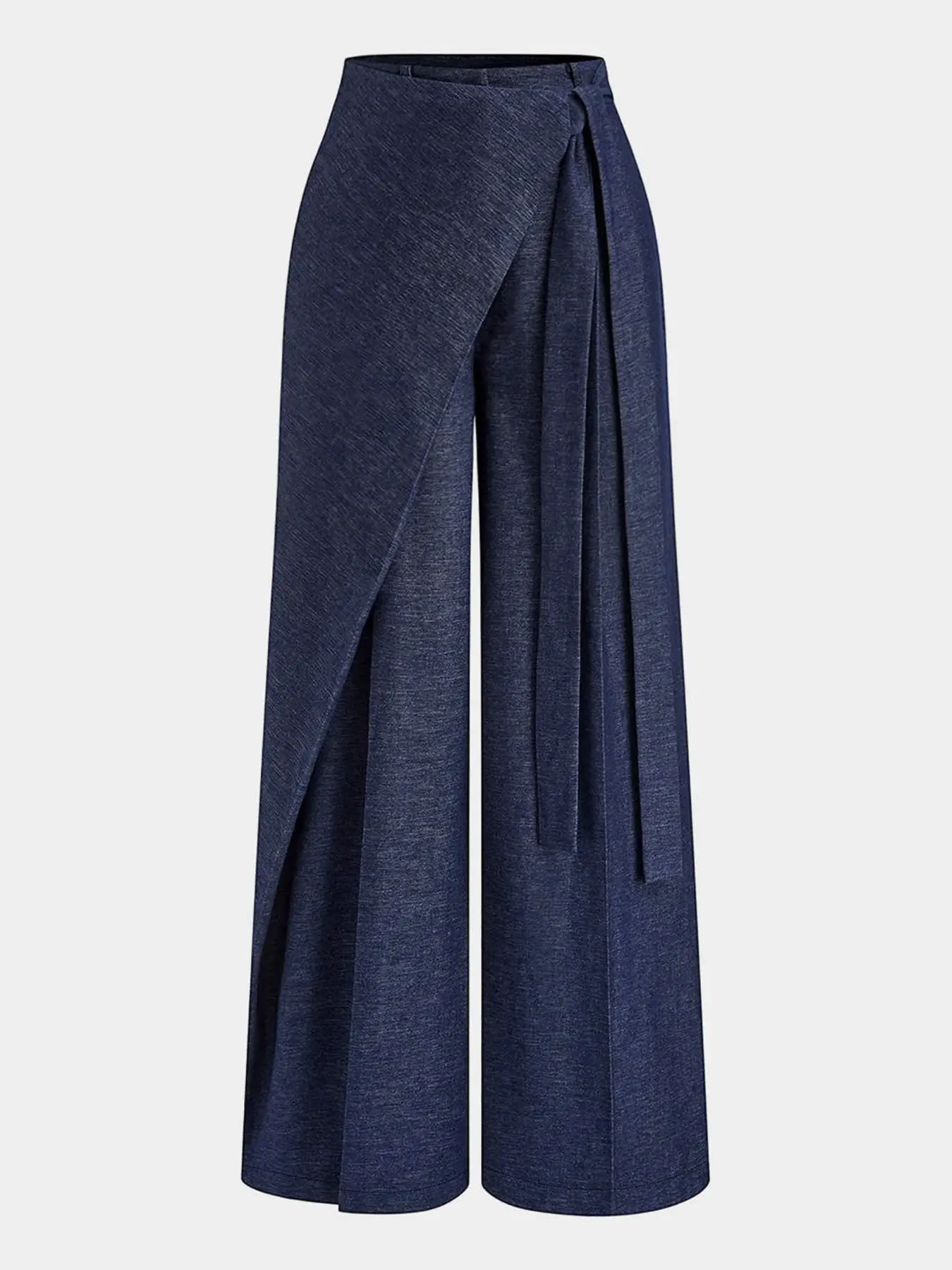 Elegant Wrap Design Denim Wide Leg Trouser Pants, Side Tie Split Hem High Waist Wide Leg Jeans, Stylish Long Pants for Women, Bottoms