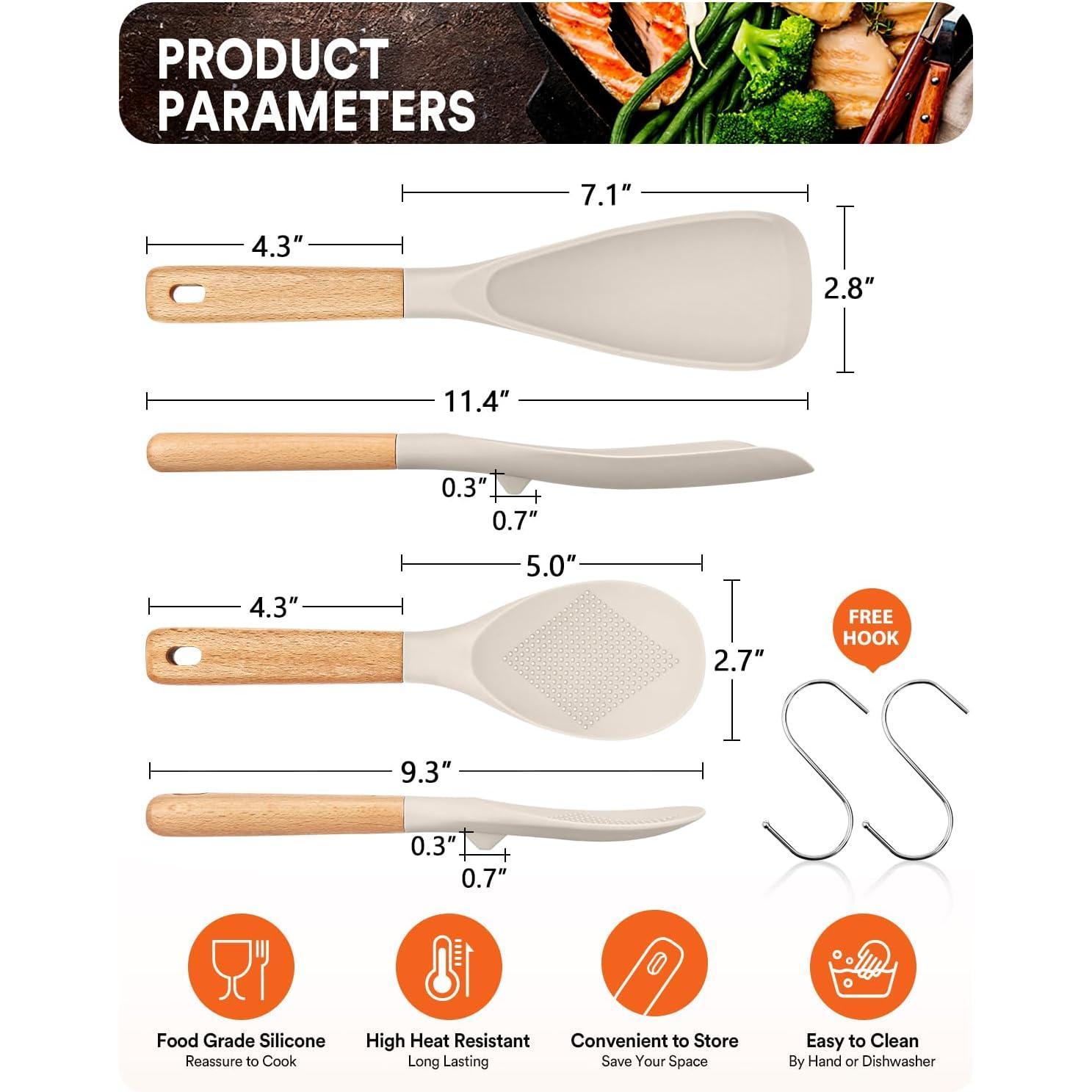 BADIANO Cooking Spoon and Rice Scooper for Nonstick Cookwares, Great for Cooking and Serving Durable BPA-Free Matte Silicone, Wood Handle Spoon for Mixing, Scoop, and Scrape