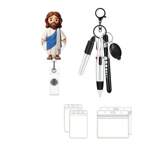 Cartoon Jesus Stretchable Badge Roll, Keychain Pen & ID Card Clip, Ideal Gift for Church Staff, Nurses, Teachers, Believers