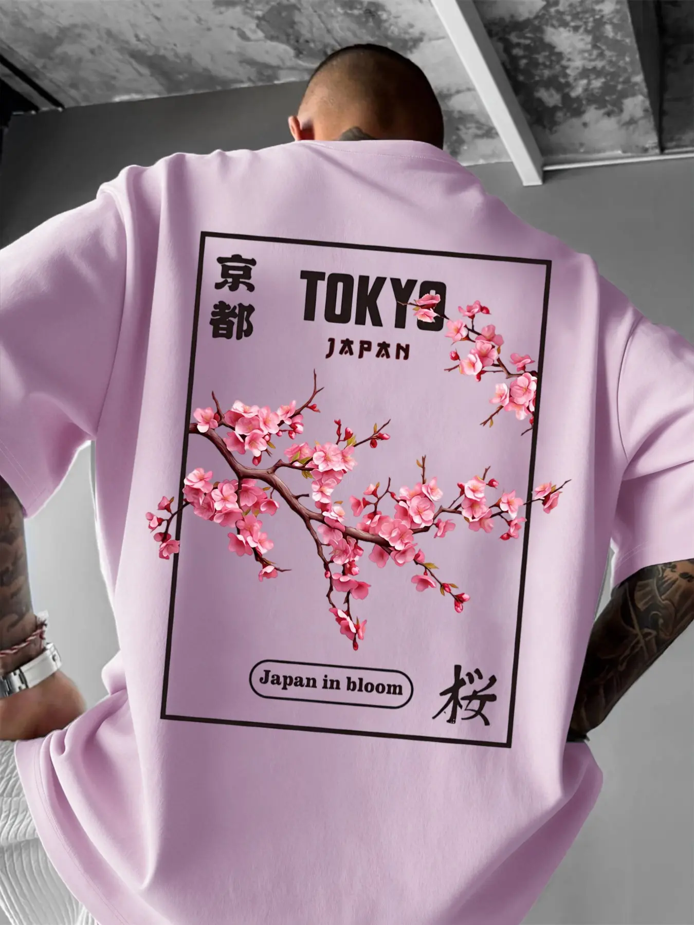 Men's Letter Tokyo Cherry Blossom Print Casual Round Neck Short Sleeve T-Shirt, Summer Outdoor Sports Top, Fitted H-Type Style