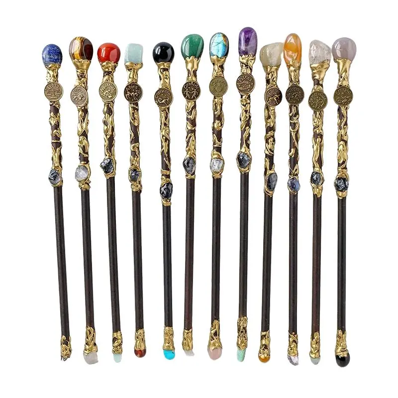 Zodiac Crystal Magical Wand Set, Obsidian, Witch Halloween Role Play Stage Performance, Elegant Home Decor Gift