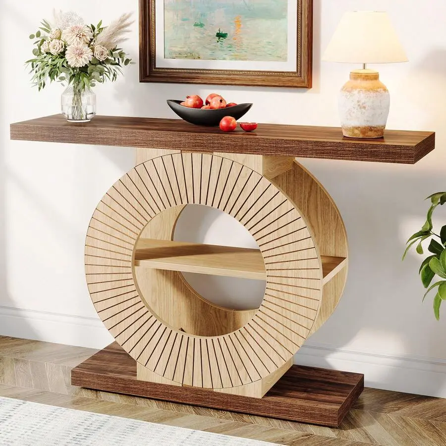 Entryway Table With Storage, Wood Console Table Living Room Entryway, 39.3-Inch Sofa Table Small Accent Hallway Table With Shelves And Circle Base