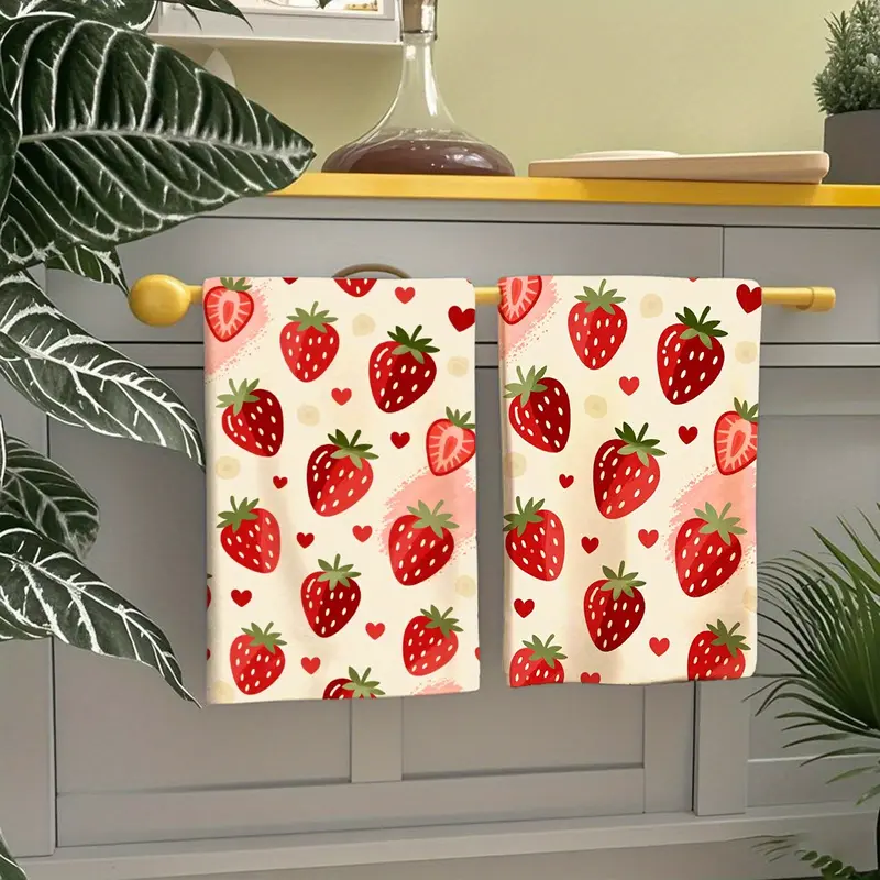 Red Strawberry Kitchen Towels (2-pack, 16x24 inches) - Beige base with strawberry, red heart, and polka dot waffle pattern, farmhouse-style dishcloths, Dishcloths for washing dishes, perfect as a Valentine's Day, housewarming gift