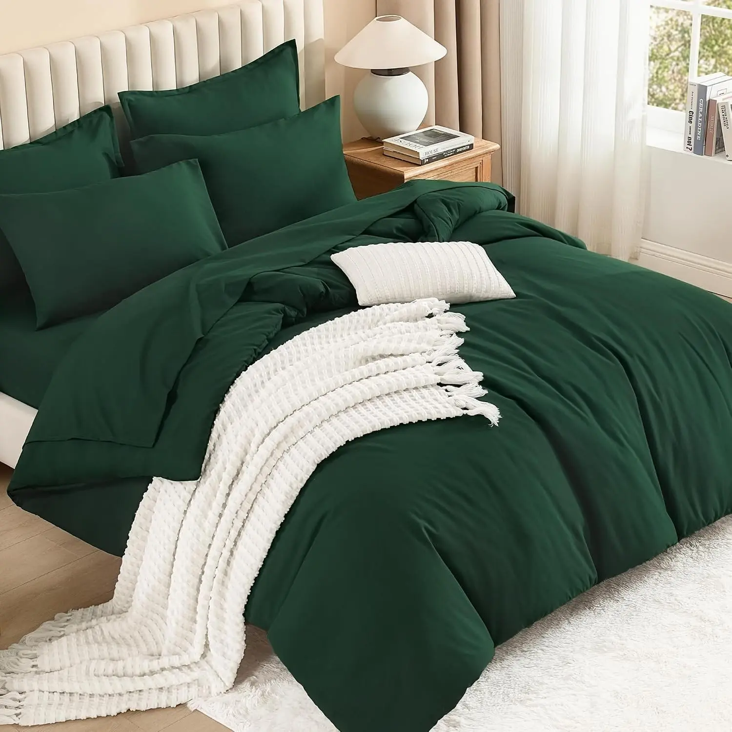 Queen Comforter Set Dark Emerald Green - 7 Pieces Bed in a Bag Queen Bedding Comforter Sets, Solid Lightweight Bed Set with Comforter, Sheets, Pillowcases & Shams