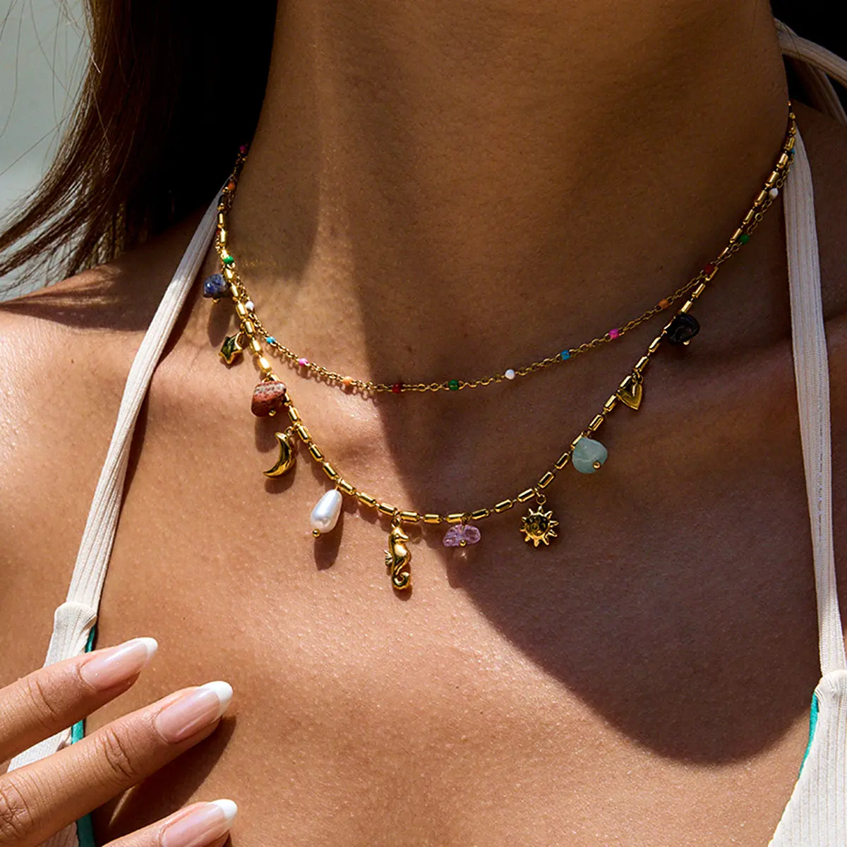 Women's European-American Coastal Charm Stainless Steel Jewelry - Waterproof Chunky Necklace with Artificial Pearl, Seashell, Starfish Pendants, Gold Summer Casual Statement Piece
