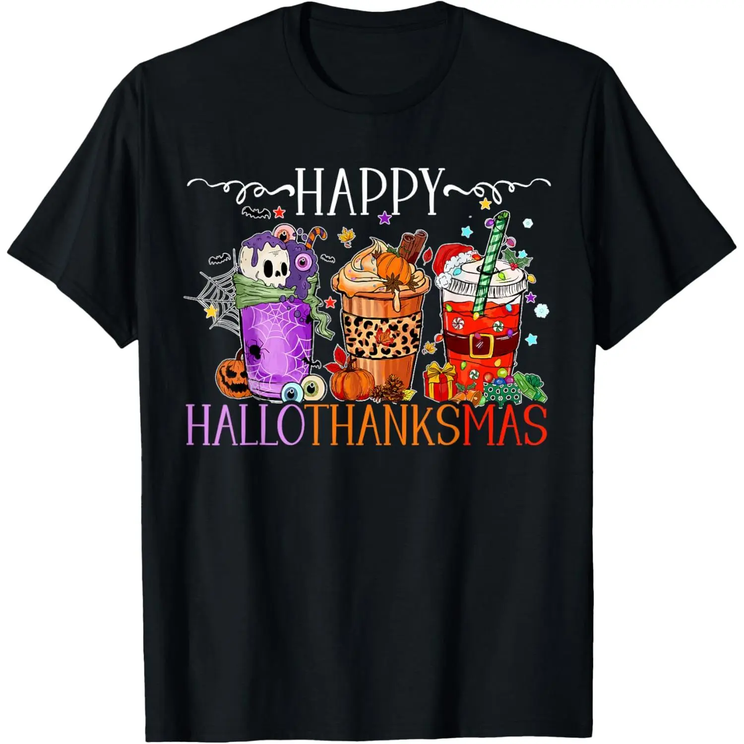 Funny Happy Hallothanksmas Graphic T-Shirt, Halloween Thanksgiving Christmas Holiday Print Short Sleeve Cotton Tee, Festive Party Shirt