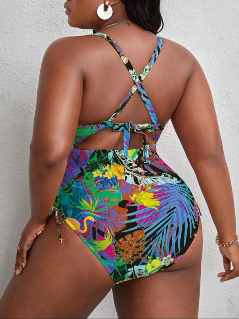 Plus Size Tropical Print Criss Cross Cut Out One-piece Swimsuit, Boho Tie Side Sleeveless Swimwear For Beach Holiday Vacation, Women's Plus Size Swimsuit For Summer, Casual Swimsuit
