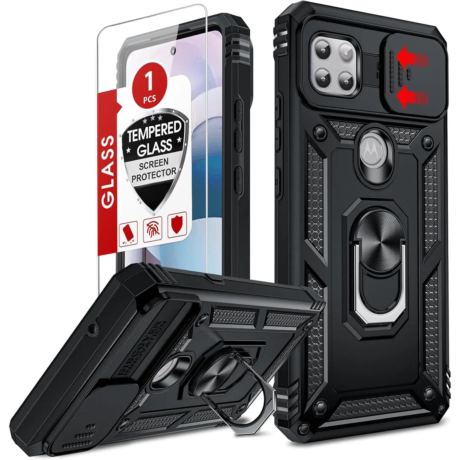 for  -5G  Case: with Slide Camera Cover Screen Protector | Heavy Duty Shockproof Rugged Unlocked Phone Hard Cover with  Ring Stand Funda para   5 G , Black