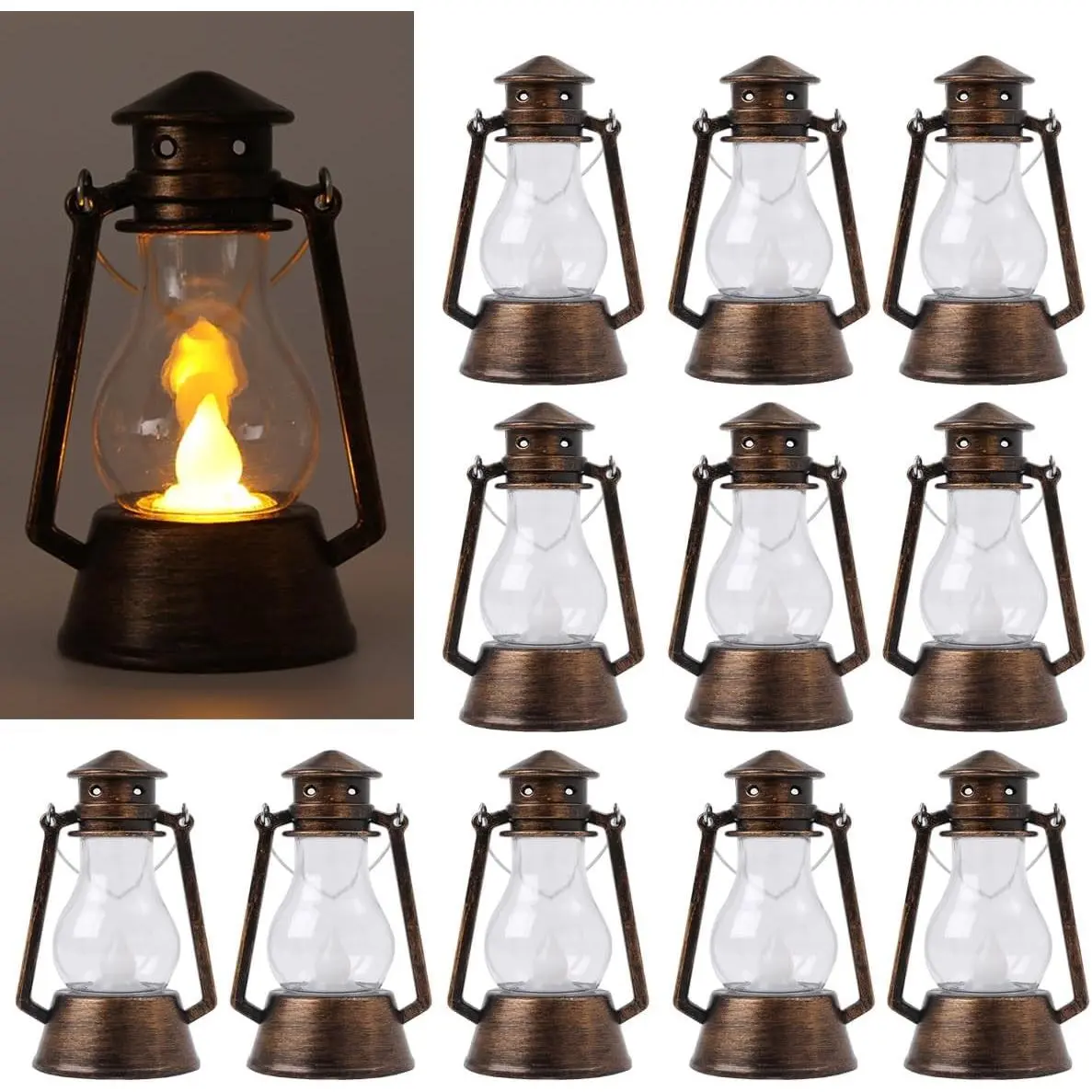 12 Pcs Mini Vintage LED Small Lanterns, Indoor Outdoor Hanging Decorative Candle Lanterns for Farmhouse Wedding Centerpiece Halloween Christmas Home Decor