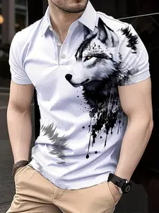 Men's Casual Short Sleeve Polo Shirt, Wolf King Ink Splash Print, Collar, Fitted, Long Length, Random Pattern, Unlined