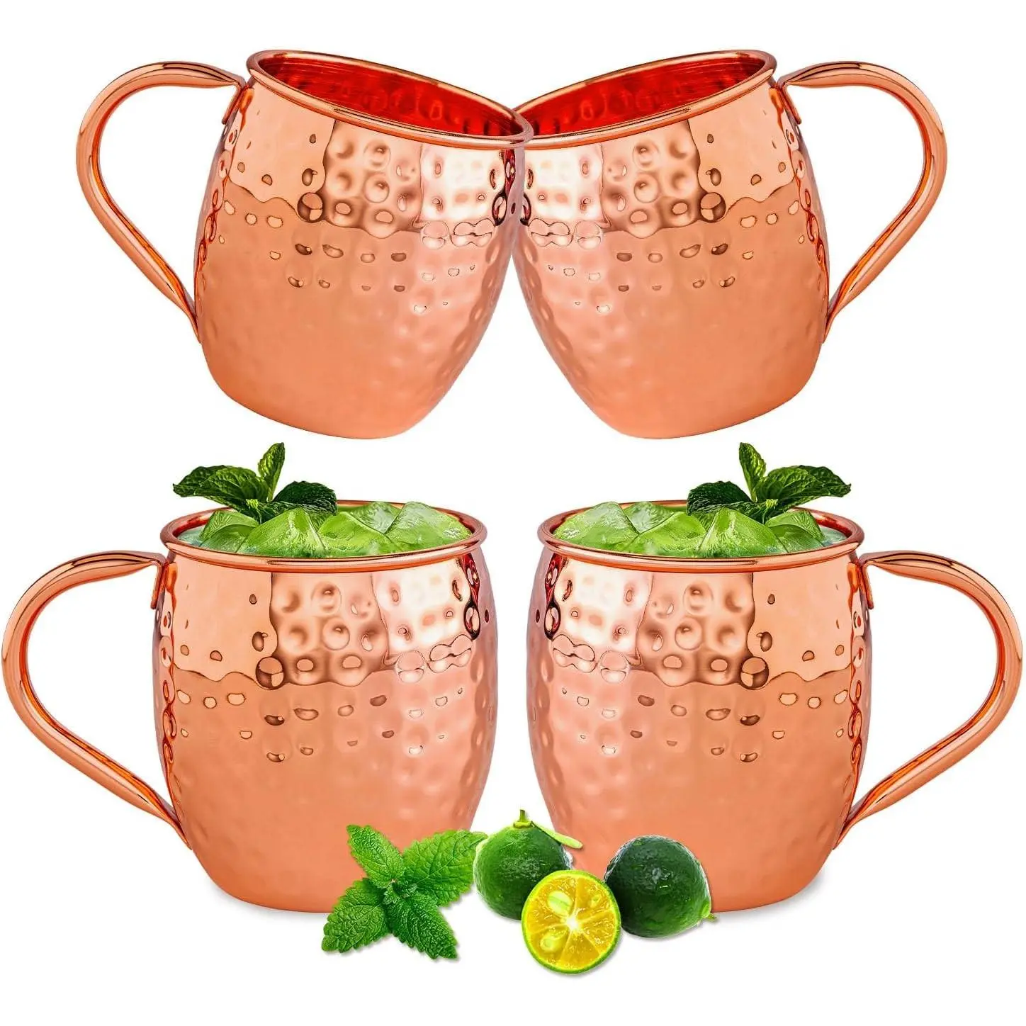 UNISWEET Moscow Mule Copper Mugs Set of 4, 100% Pure Handmade Copper, 16oz Classic Welding Handles, Premium Cups for Cold Drinks, Cocktail, Beer, Wine, Party & Bar Use