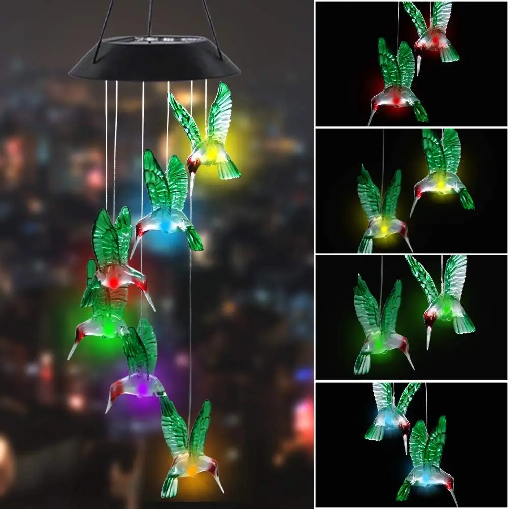 LED Solar Hummingbird Windchimes, 25-in Hanging Mobile Wind Chime, Auto Color-Changing Light for Home Garden Decoration, 25 Inches, Automatic Light Changing Color