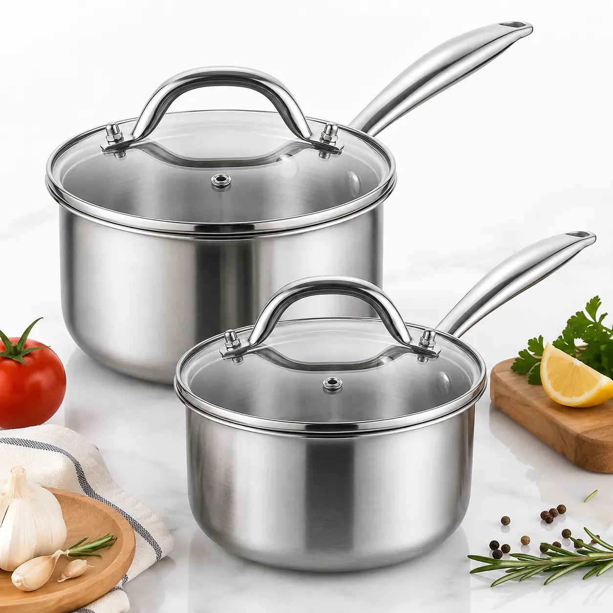 1.5QT & 2.5QT Stainless Steel Saucepan Set with Lids, Tri-Ply Heavy-Duty Cooking Pots for Induction, Gas, Electric and Ceramic Cooktops