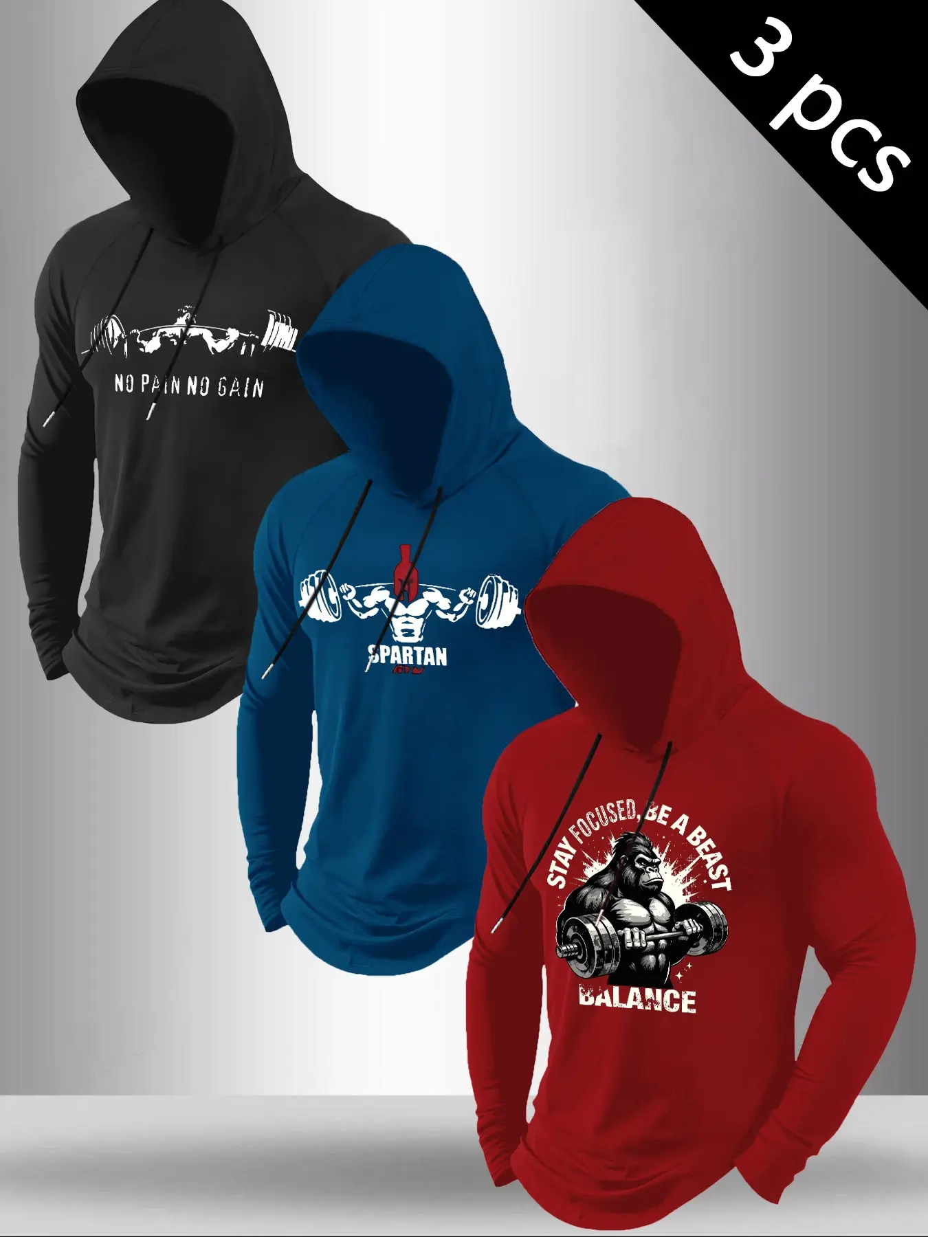Men's 3-Pack Fitness Hoodies, Graphic Print Long Sleeve Hooded Tops, Athletic Training Pullover Hoodies, All-Season Casual Wear, All Seasons Activewear