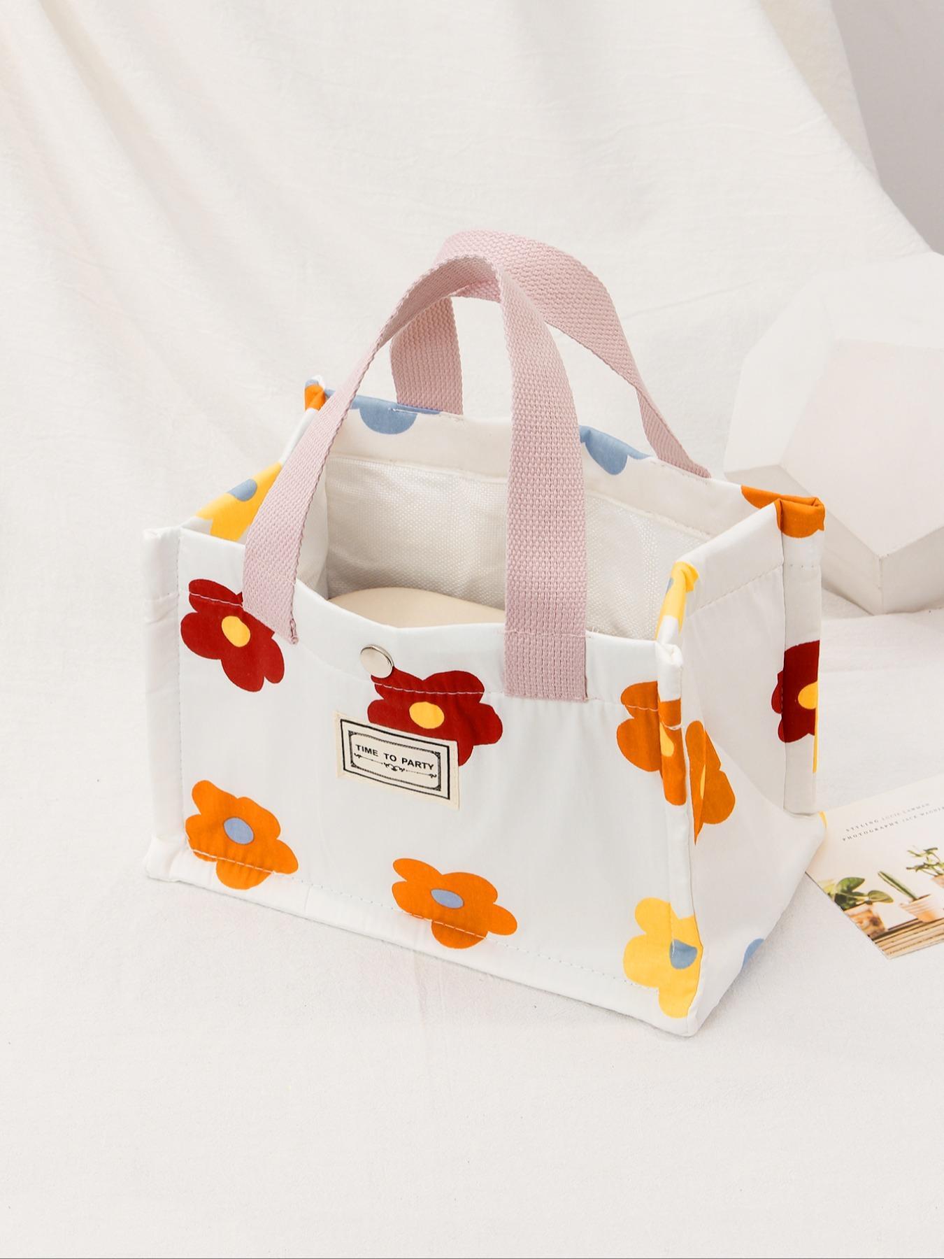 Casual Matching Letter Patch Lunch Bag, Durable Lunch Bag, Large Capacity Picnic Bag, Portable Lunch Bag with Handle, Thermal Lunch Bag
