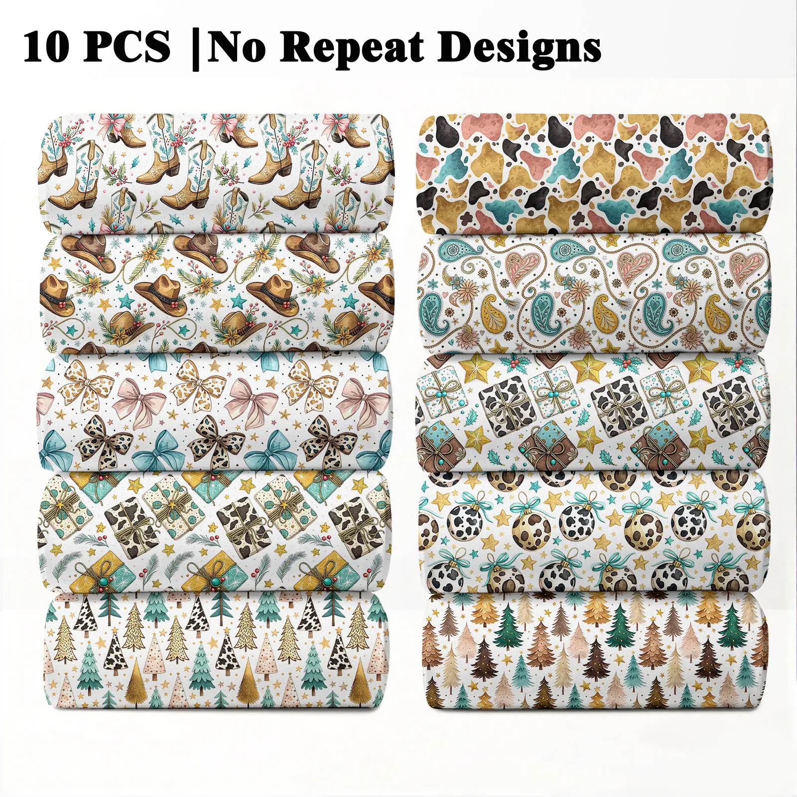 10PCS Western Christmas Print Casual Fabric, 23x55cm (9x22in) Western Ranch Holiday Pattern Quilting Home Decor DIY
