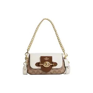 COACH Brie 22 Crossbody Bag for Women – Classic Logo Patchwork Style in Tan and Black Genuine Leather