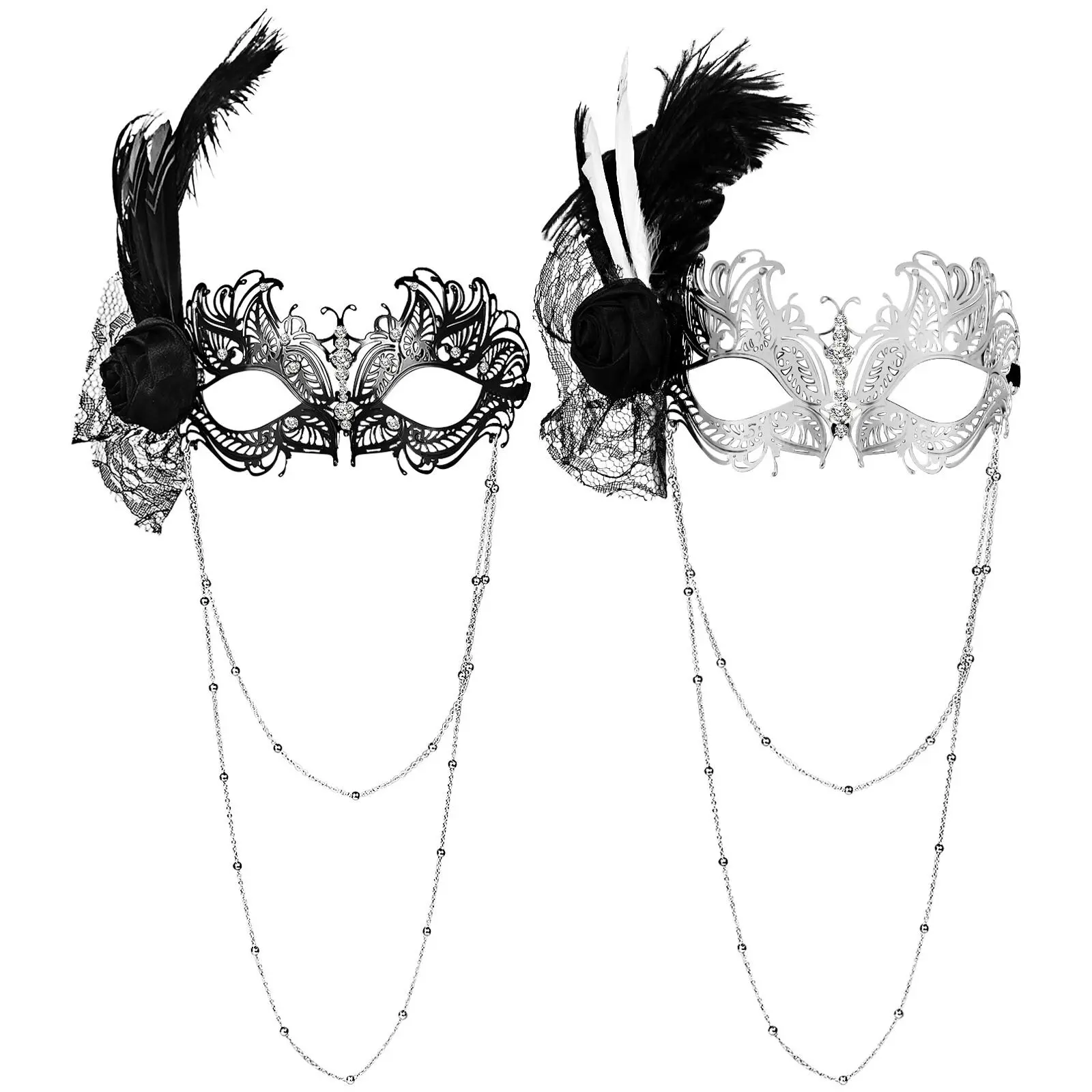 Women's Rhinestone Venetian Masquerade Mask, Metal Filigree Accessory with a Detachable Feather and Chain Tassel for Party & Ball, Accessories, Rhinestones, Feminine, Evening
