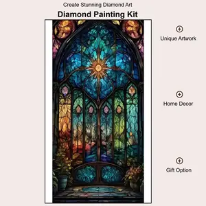Gothic Church Stained Glass Diamond Painting Kit. Vibrant Teal, Blue, and Gold Cathedral Window with A Glowing Sun Motif, Medieval Fantasy Style. Ornate Religious Wall Decor, Elegant Vintage Gift, Beginner DIY Craft with Full Supplies