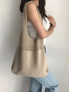 Simple Retro Hollow Knitted Bag, Fashionable Shoulder Bag, Large Capacity Shopping Bag, Woven Storage Bag, Holiday Gift