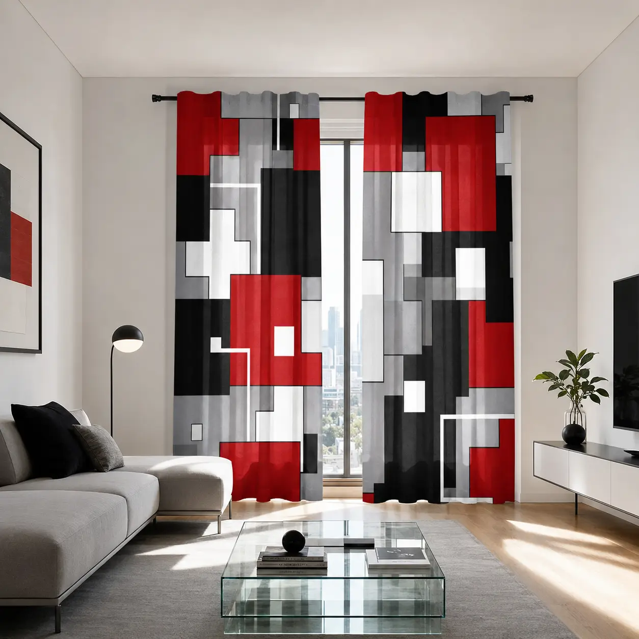 2pcs Modern Red & Black Geometric Abstract Art Curtains, Breathable Durable Fade-Resistant Bold Edgy Drapes for Gaming Setup, Gamers' Rooms, Bedroom - Industrial Loft Household Textile Curtain Accessories (2 Panels)