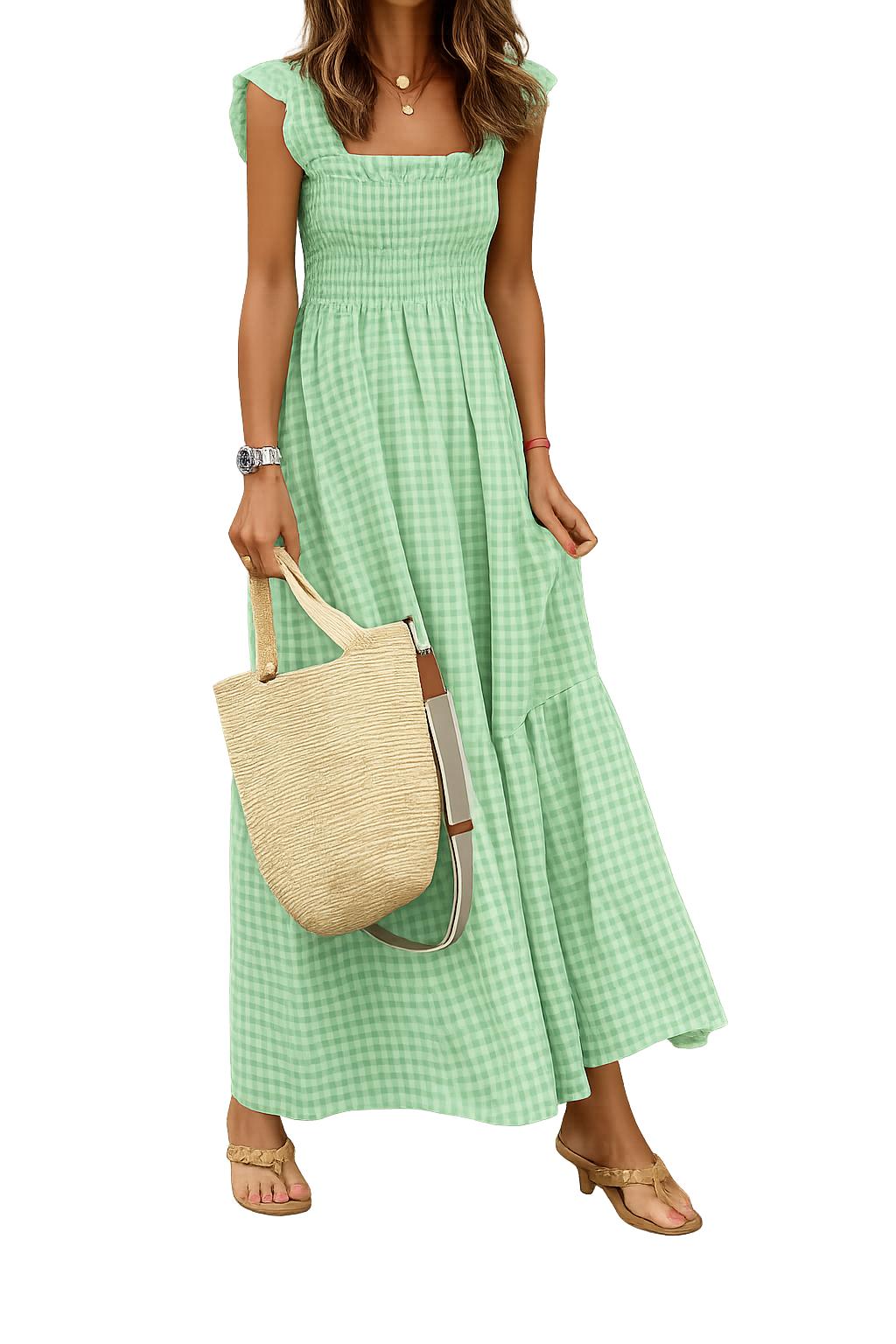 2026 Summer Style Women's Patchwork Plaid Halter Elastic Skirt Dress