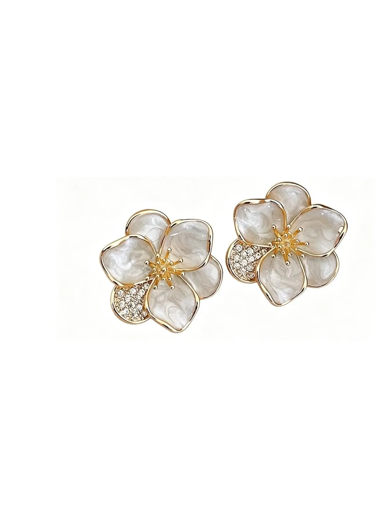 French Flower Petal Stud Earrings, Zinc Alloy Rhinestone Floral Earrings, Lightweight Minimalist Jewelry for Daily, Party & Gifting