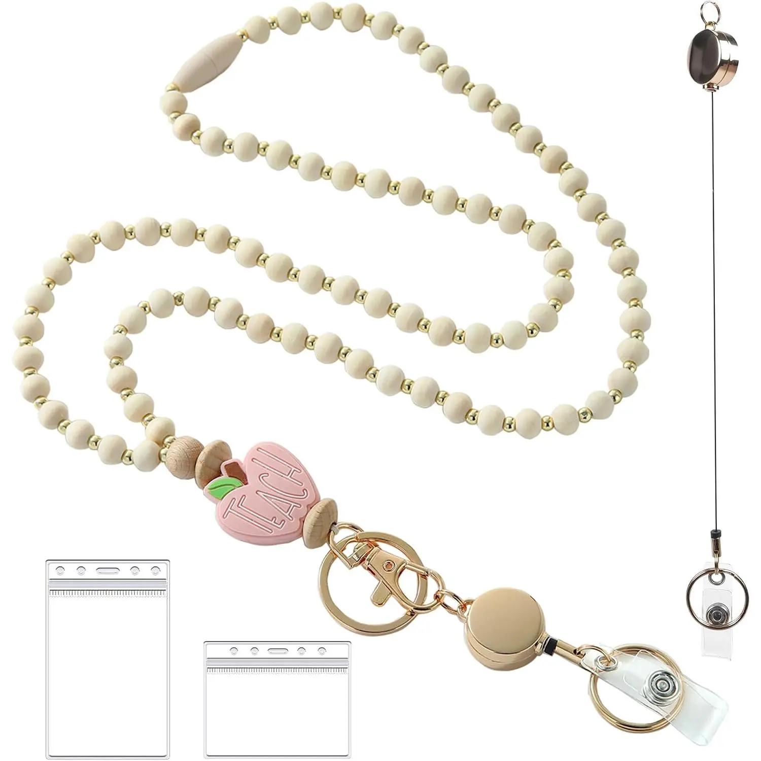 Wooden Beaded Lanyard for Women - Teacher Nurse ID Badge Holder - Retractable Breakaway  for
