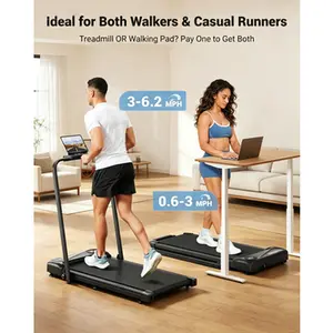 Foldable treadmill, with handrails, supports a weight of 265 pounds, features shock absorption, equipped with an LED display and remote control, suitable for home and office workouts
