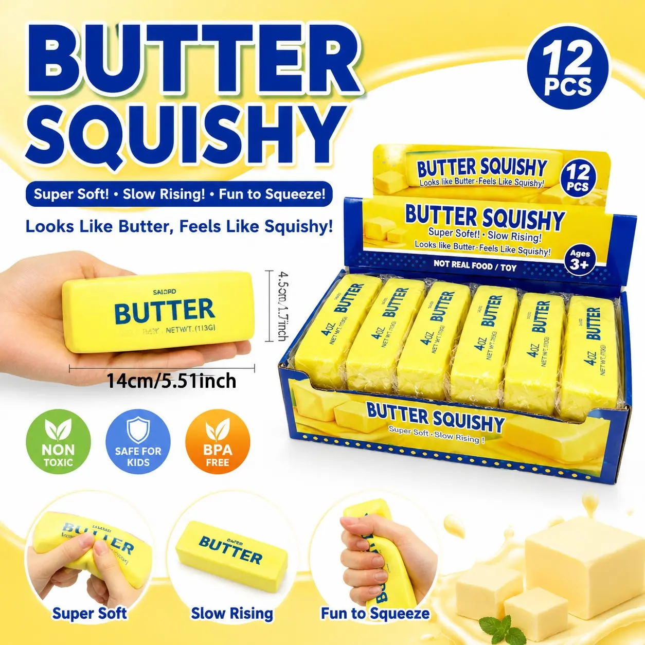12-Pack Butter Stick Stress Relief Toys, Ultra Soft Slow Rebound, Non-Sticky Easy Clean, Anxiety Relief, Party Favors, Student Office Use