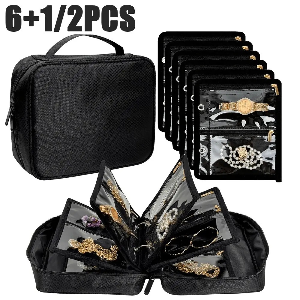 6+1/2pcs Nylon Travel Jewelry Storage Box, / Velvet Pouch with 24 Transparent Zippers, Organizer for Earrings, Rings, Necklaces, Bracelets, Watches