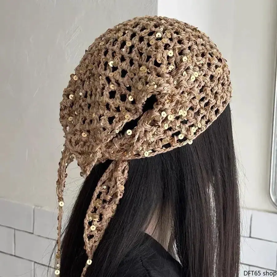 Women's Handmade Crochet Triangle Headscarf - French Vintage, Synthetic Hollow Knit Fabric, Elegant Sequined, Soft Light Flexible Texture - Female Travel Vacation Daily Styling Portable Hair Accessory, Ethnic