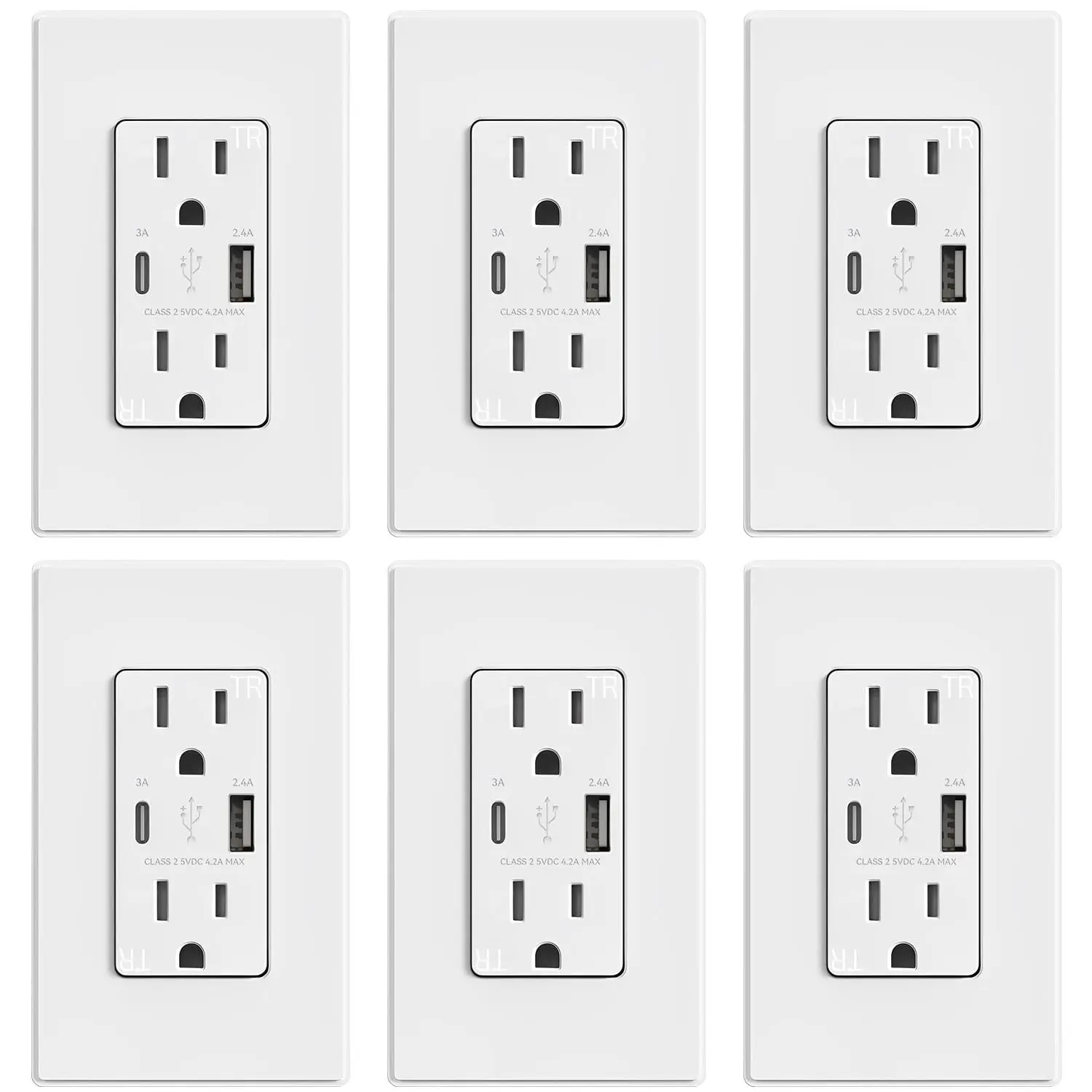 USB Outlets, 15 Amp Wall Outlet with USB Ports, 21W USB Outlets Receptacles with Type A & Type C Ports, Tamper Resistant Receptacle, Wall Plate Included, Ul Listed (6 Pack, Matte White)
