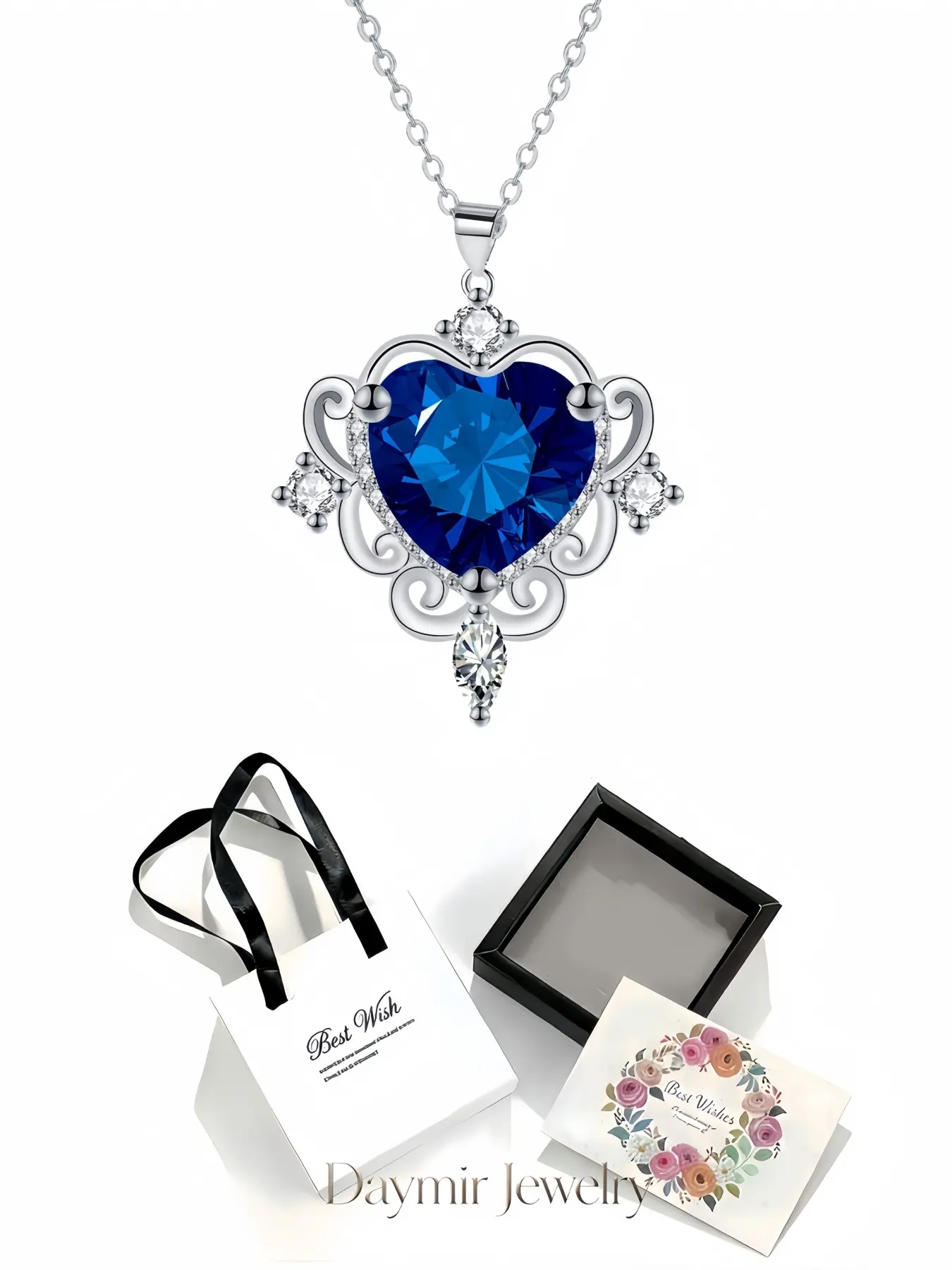 Diamond Feather Blue Heart Necklace, elegant romantic gem pendant for women. Equipped with an exquisite drawer jewelry box, perfect gifts for birthdays, Mother’s Day, Valentine’s Day, Christmas and anniversaries.