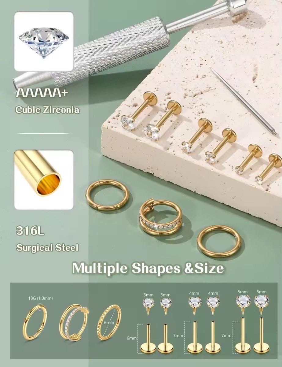 Viral 14K Gold Plated Flat Back Stud Hoop Earrings Nose Rings Studs for Women 316L Surgical Steel Stud Piercing Jewelry for Tragus Helix Cartilage Nose Hypoallergenic Lip Labret Medusa Piercing