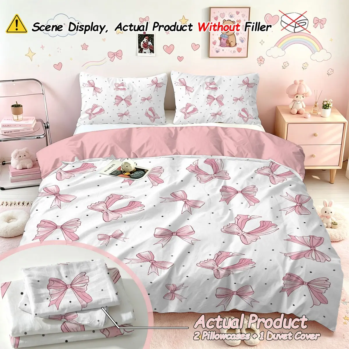 3-piece bedding set, Quilt cover set (1 duvet cover + 2 pillowcases, no insert) - Sweet pink Decorative duvet cover set with bow print, Soft and comfortable, suitable for room decor and all seasons, great gift, Bedroom Quilt Cover, Comfy bedding sets