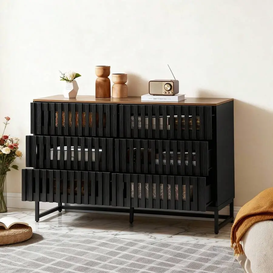 Black 6-Drawer Modern Wood Bedroom Double Dresser - Slatted Grille Striped Design, High-Quality MDF Wood Construction with Metal Legs, Large Versatile Drawer System Bedroom Furniture
