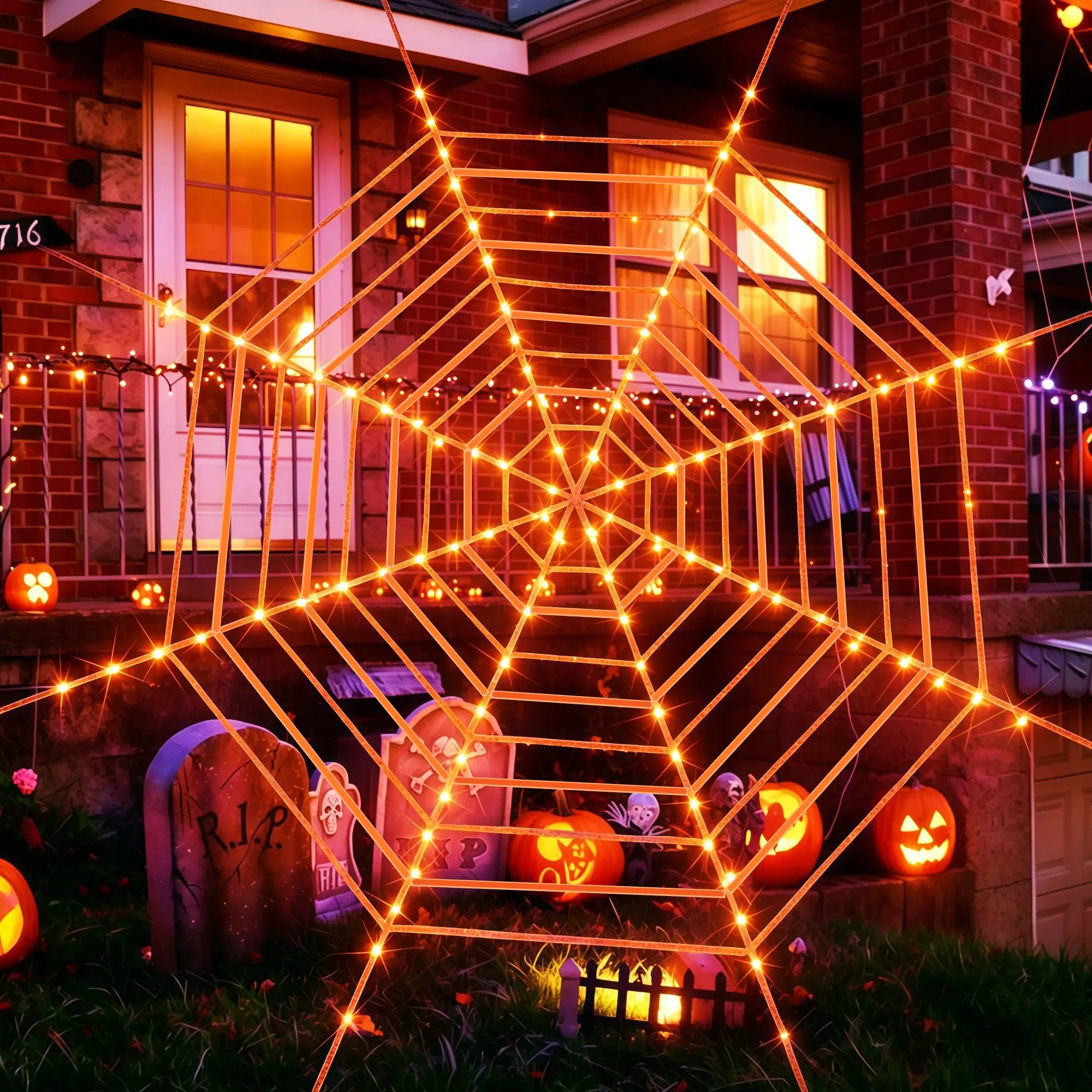 12FT/3.6M Giant Round Halloween Spider Web Lights with 120 LEDs, 8 Flash Modes, Waterproof Battery Box Powered (Battery Not Included), Large LED Cobweb Decor for Yard Garden Haunted House Indoor Outdoor Halloween Party Ornaments