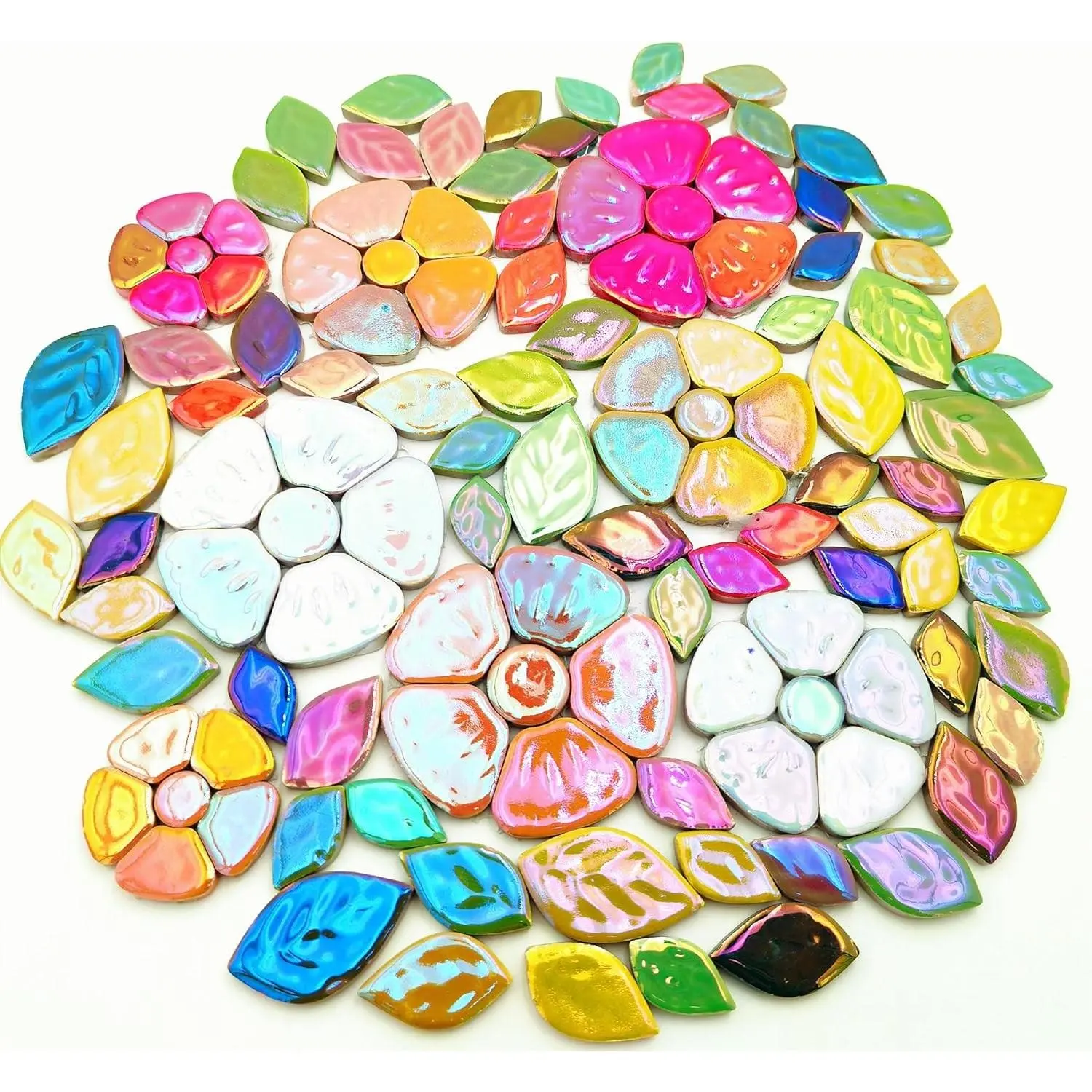 500g/1.1lb Random Color Iridescent Flowers & Leaves Ceramic Mosaic Tiles, DIY Creative Mosaic Making Supplies for Craft Plates Flowerpots Vases Cups