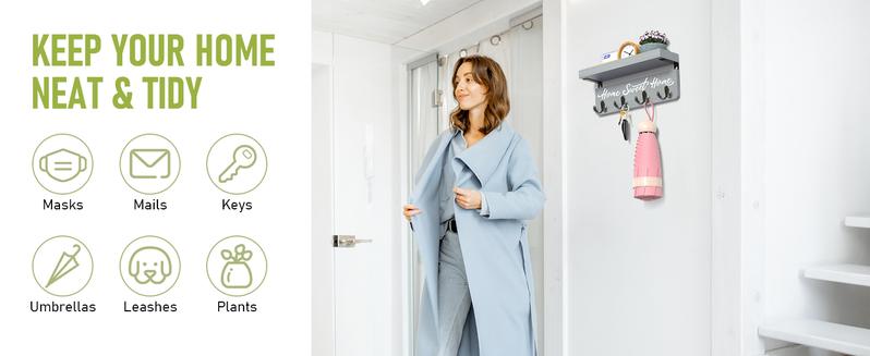 Wall-Mounted Key and Mail Holder, Wooden Key Rack With 4 Double Key Hooks, Rustic Home Decor for Entryway (Gray)