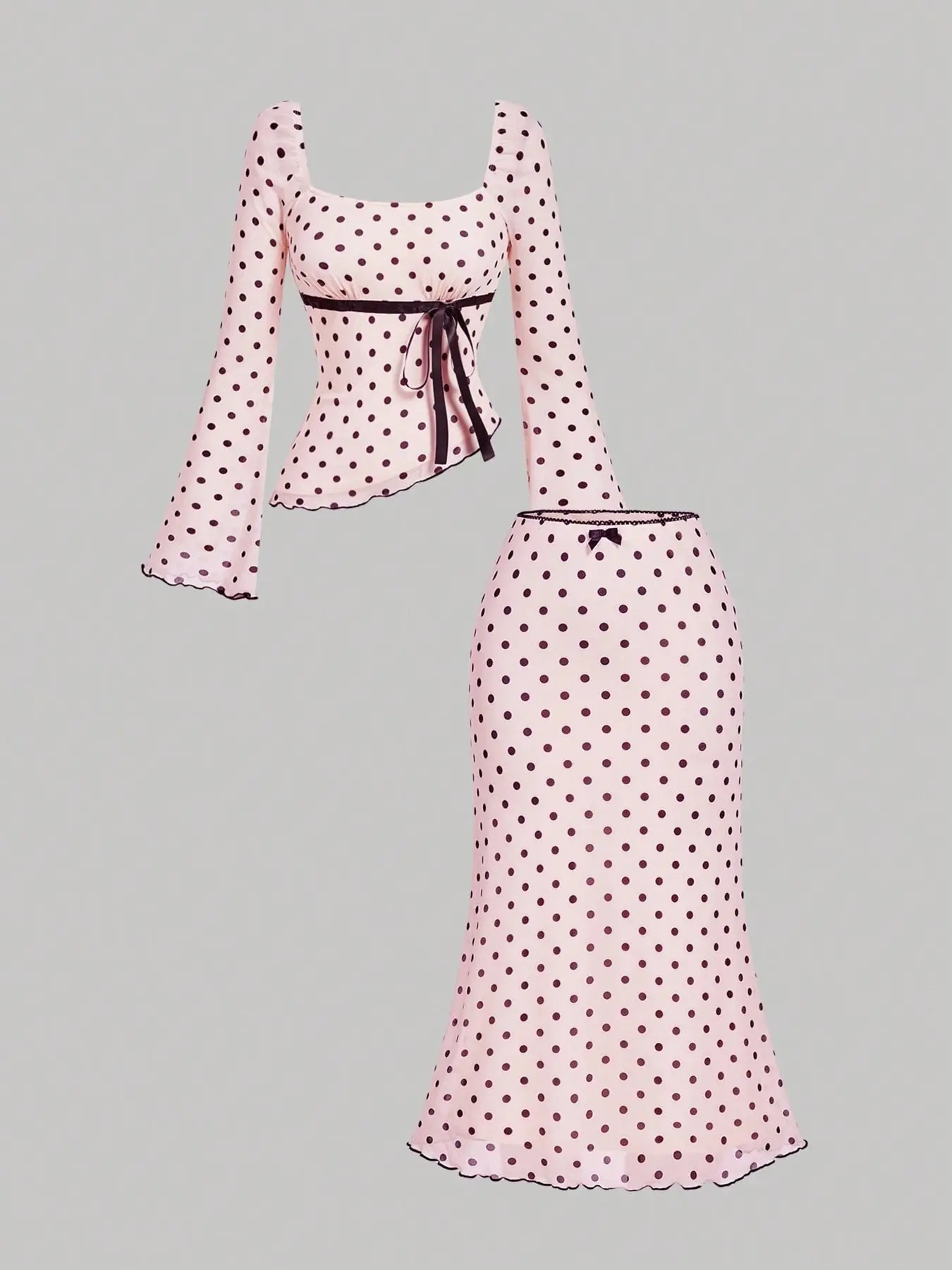 Women Polka Dot Print 2 Pieces Matching Set Square Neck Bow Front Flare Long Sleeve Asymmetric Hem Top And Fish Tail Maxi Skirt Elegant Outfit For Daily Dating Vacation Clothes
