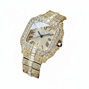 Full Iced Out Golden Zircon Automatic Watch, Santos Style Luxury Hip Hop Wristwatch with Date, Sparkling Crystal Encrusted Stainless Steel Statement Watch for Men Women, Perfect for Party & Streetwear
