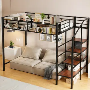 ARCH Twin Size Metal Loft Bed with Upper Grid Storage Shelf and Lateral Storage Ladder, Black MDF+Metal Frame, Space-Saving Design for Bedroom, Durable Slat Support, No Box Spring Needed, 92.5L x 47.8W x 70.9H Inches, Black Color Options