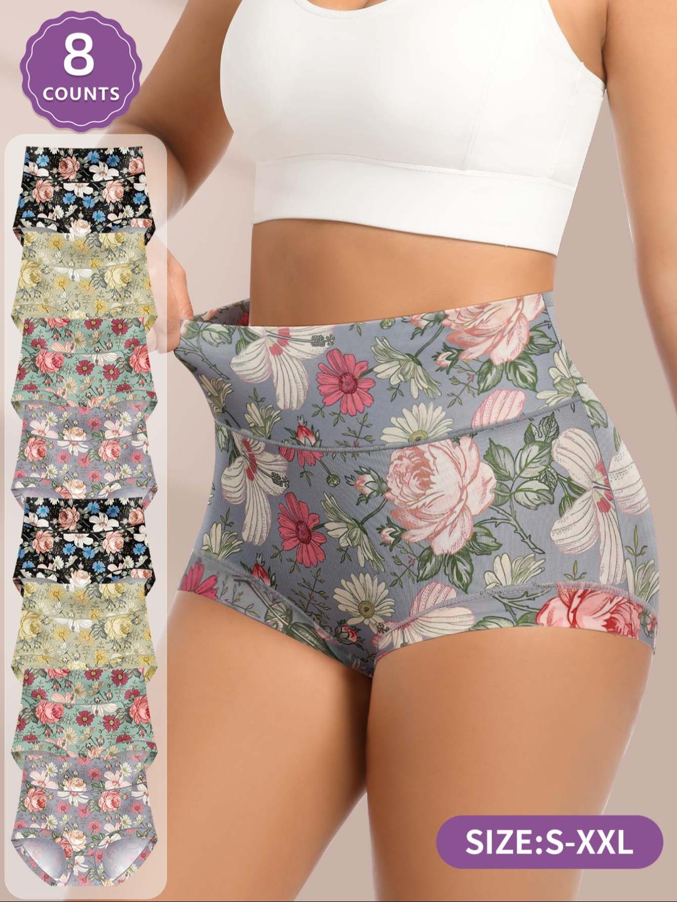 Women's Floral Pattern High Waist Underwear, Comfortable Fitted Design, All-Season Casual Style, Printed Pattern, Soft Fabric, Pack of 8