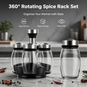 6-Jar Rotating Spice Rack Set, easy access and space-saving design with visible content. Keeps your kitchen tidy and holds all kinds of seasonings and spices.