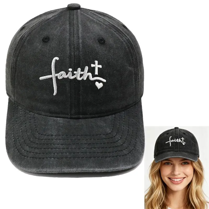 Effortless Glamour Faith Cross Embroidered Baseball Cap Washed Cotton Black Dad Hat Christian Gift Casual Streetwear Y2K Viral Adjustable Sun Hat Clean Girl Aesthetic