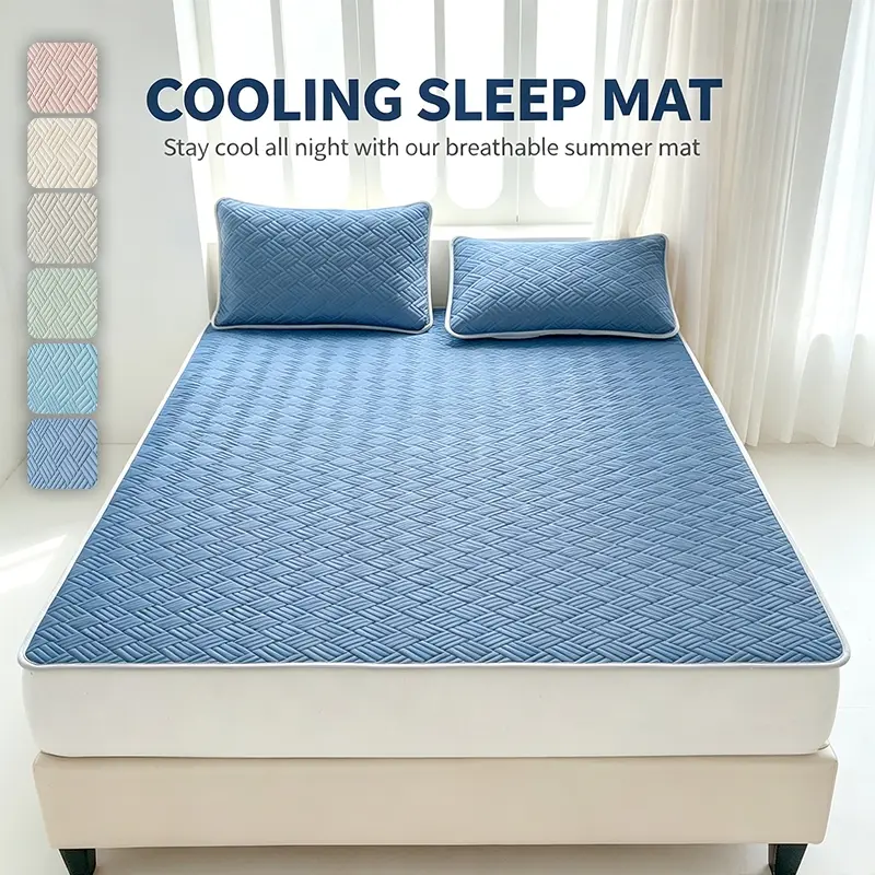 Herringbone Stitch Ice Silk Cooling Bed Mat, Soft Cool Feeling Breathable Summer Mattress Pad, Secure Elastic Bands to Prevent Shifting, Coordinating Pillow Shams in Multiple Pastel Solid Shades