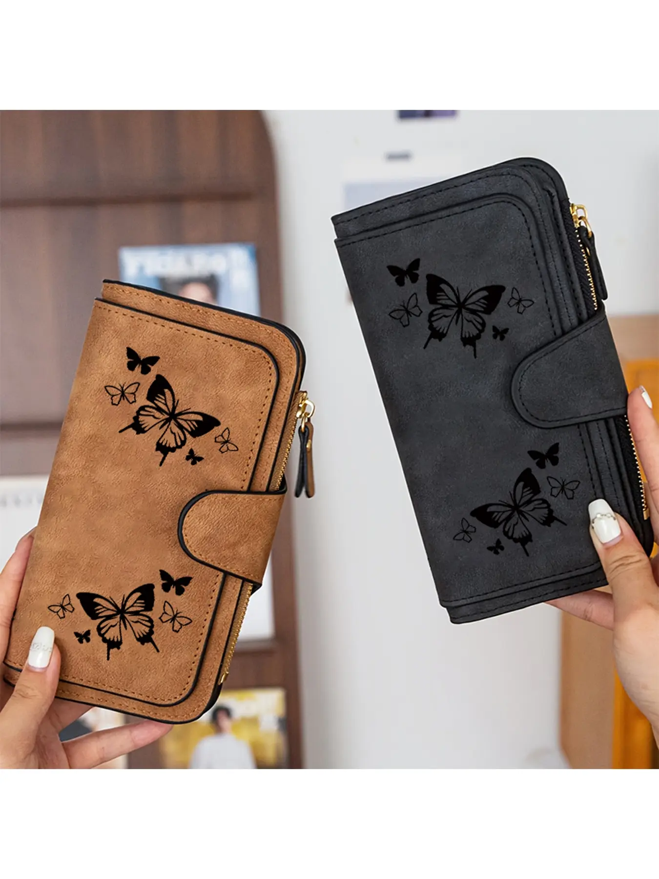 Elegant style ladies' wallet, ladies' long hand-held wallet, minimalist butterfly pattern decoration, full of artistic atmosphere, is a ladies' wallet suitable as a birthday gift/Halloween gift/Christmas gift