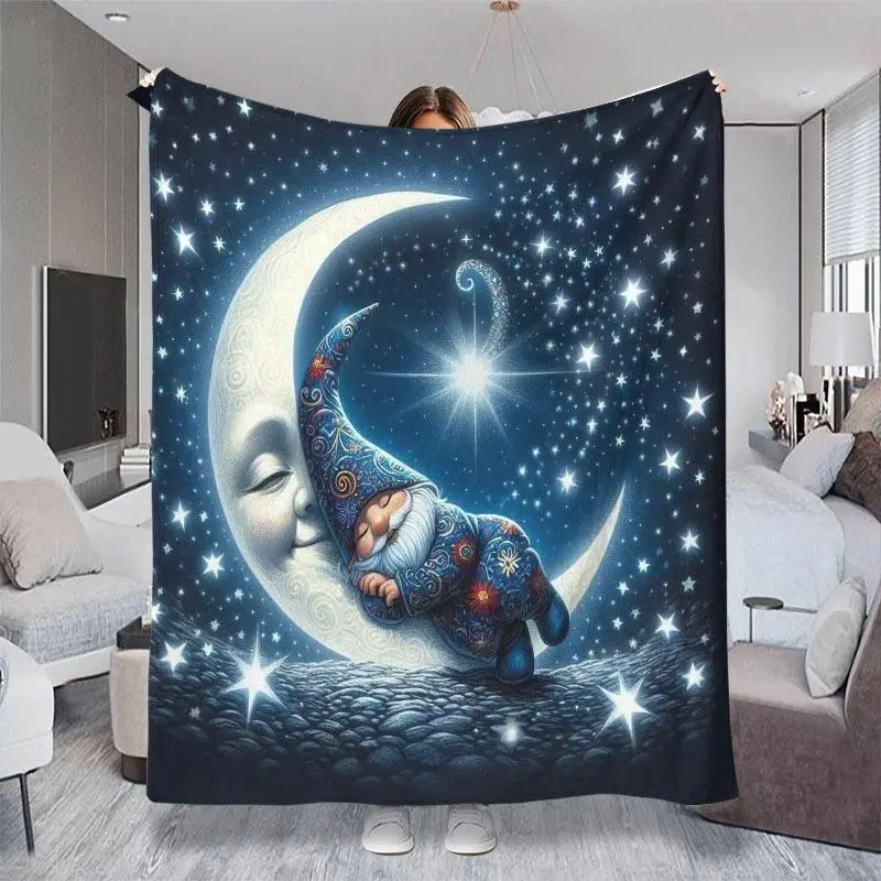 2D Flat Printed (Non 3D) Whimsical Sleeping Gnome & Smiling Crescent Moon Starry Night Pattern Throw Blanket, Colorful Magical Design, Happy Blanket Gifts, Multiple Specifications Available, Soft Cozy Blanket for Lounging, Rest & Daily Casual Use