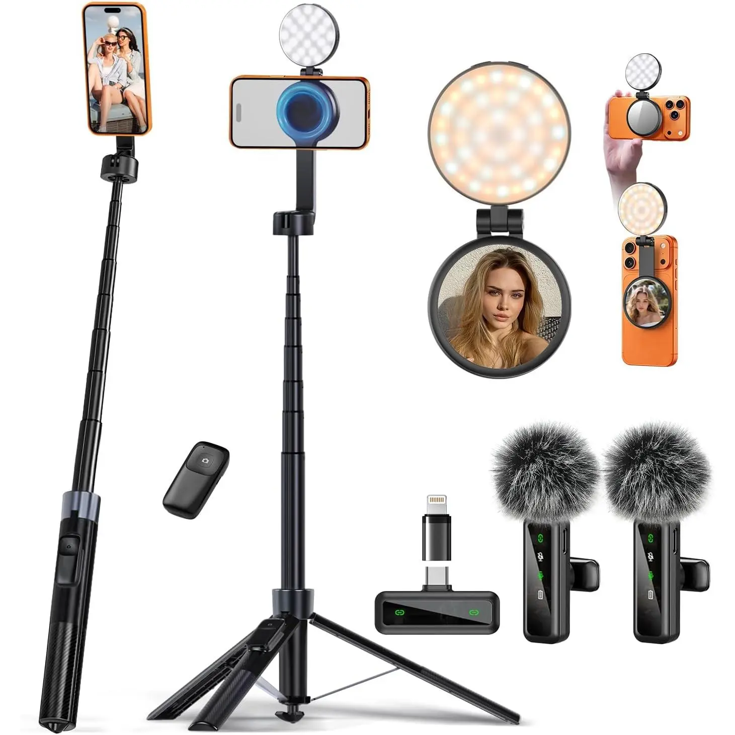 3-in-1  Vlogging Kit for /Android, YouTube Starter Kit,  Tripod/Microphone/Remote Control, 71" Selfie Stick with Light for YouTube Starter Content Creator Essentials Kit